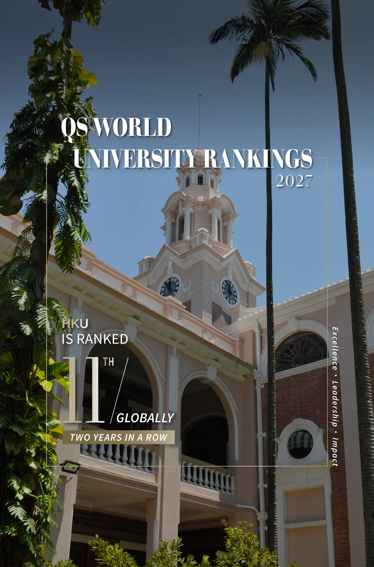 Graphic showing HKU is ranked 11th globally and 1st in Asia in QS University Rankings 2027, above line art of Main Building.