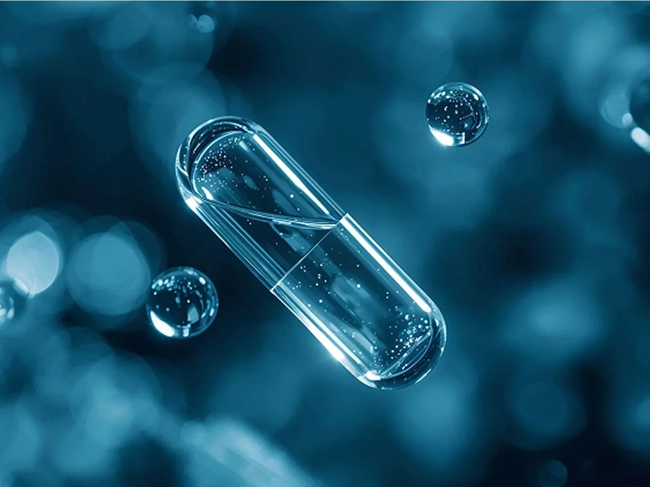 Transparent capsule pill filled with liquid floating alongside water droplets against a blue background.