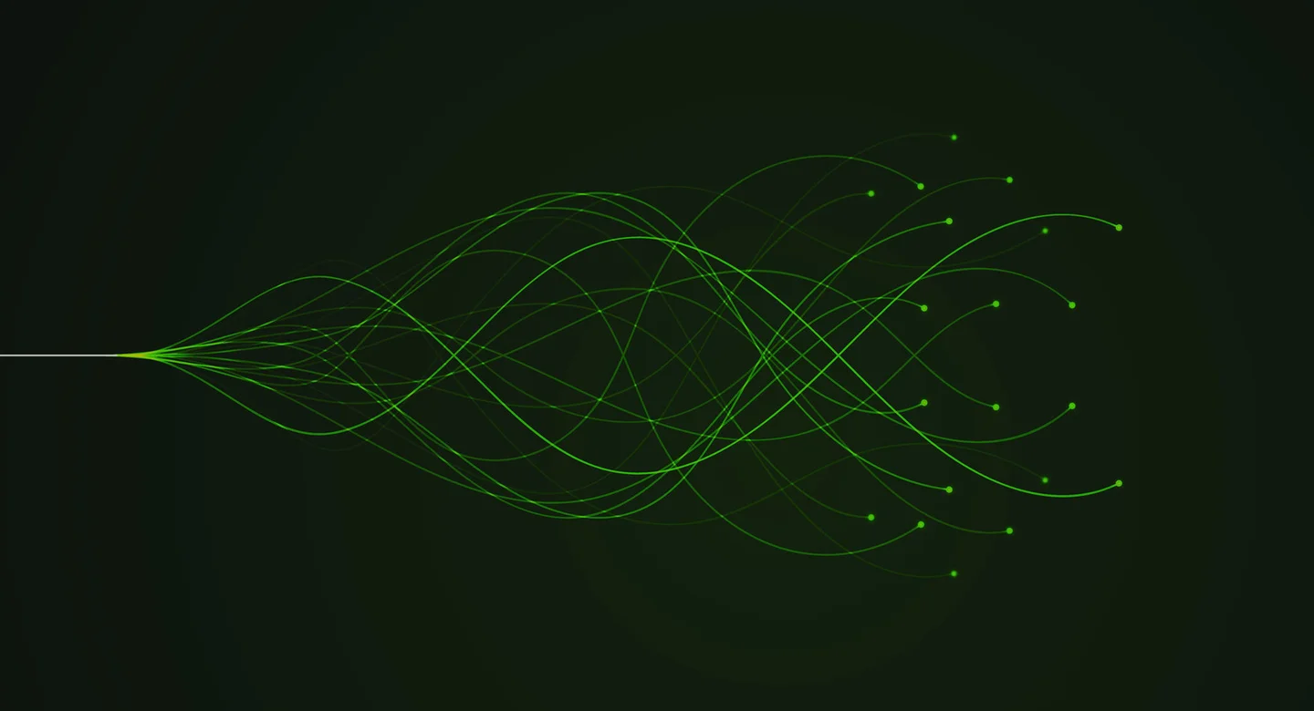 A single white line branching into glowing green curved lines with glowing dots at the tips on a dark background.