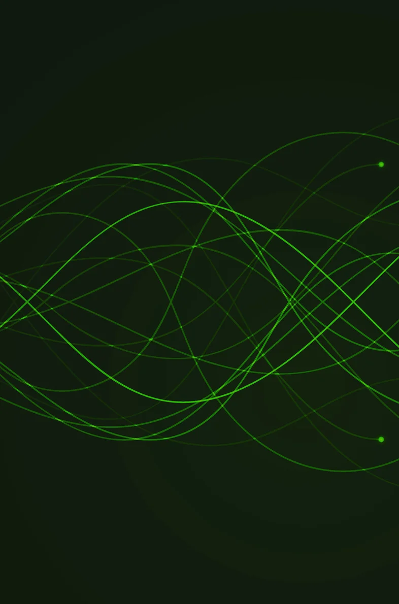 A single white line branching into glowing green curved lines with glowing dots at the tips on a dark background.
