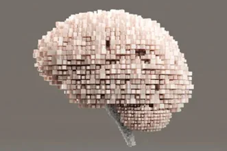3D rendering of a human brain formed from small pinkish-white cubes on a plain grey background.