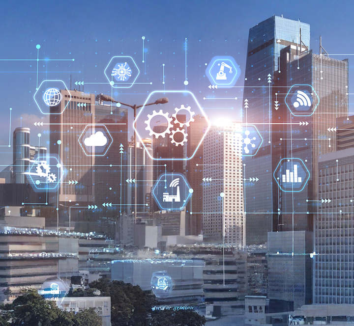 Digital technology icons connected by line networks superimposed over a city skyline with skyscrapers.